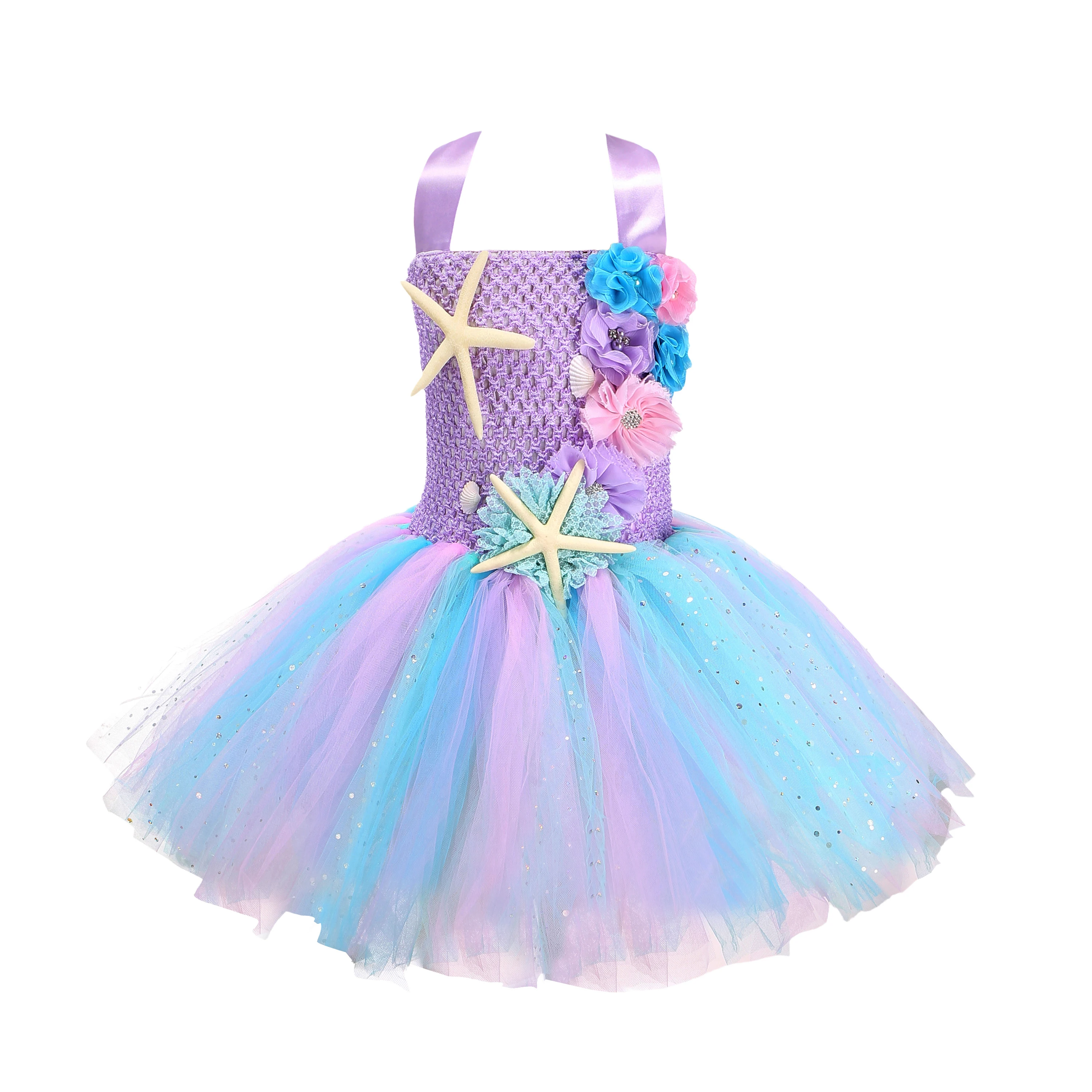 Girls Pastel Ariel Mermaid Tutu Dress the Sea Theme Party Costume with Flower Headband Ocean Flower Purple Birthday Dress