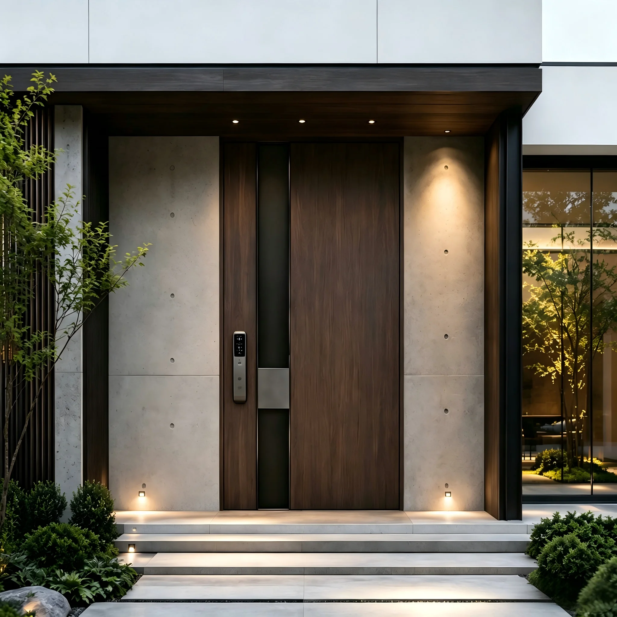 Retro Design Dark Wood Grain Color Aluminum Alloy Entrance Door Use Fingerprint To Unlock Security Doors High End Hinged Doors