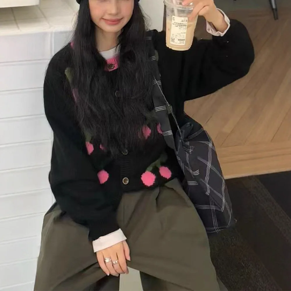 

2025 Autumn and Winter Round Neck Contrasting Color Knitted Cardigan Jacquard Lazy Style Sweater Korean Jacket for Women