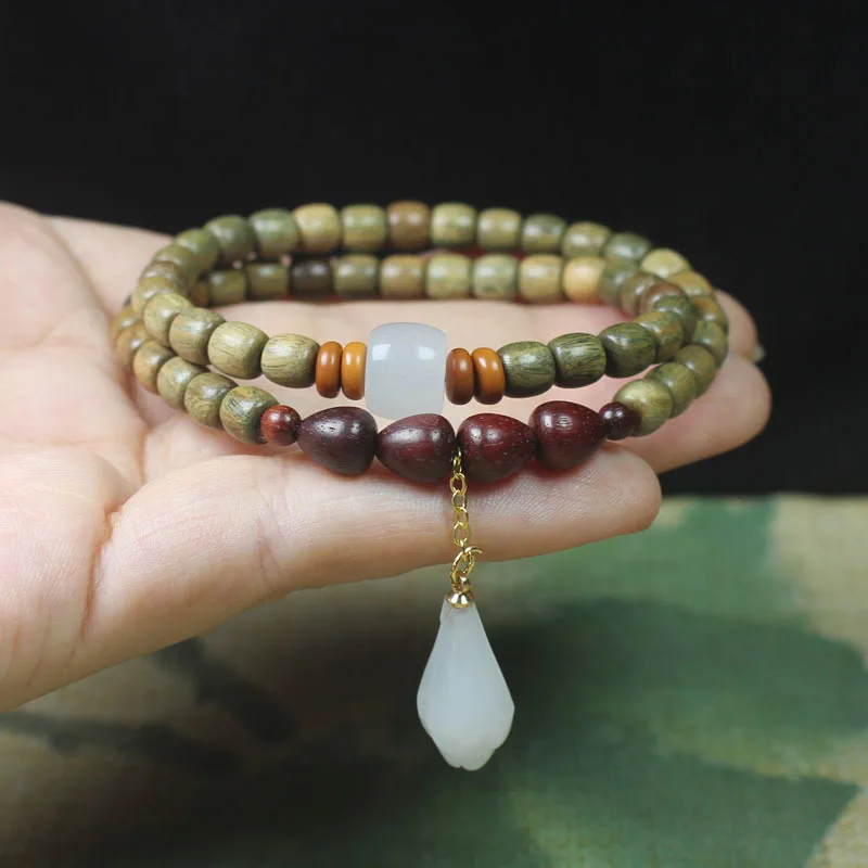 Green Sandalwood Bucket Beads DIY Magnolia Pendant Bracelet Women's Forest Style Wenwan Prayer Beads Accessories Gifts