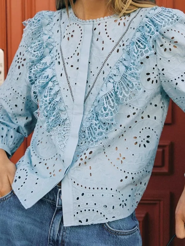 Sweet Sle Women's Cotton Long Sve Embroidered Hollow out round Ne irt Breathable Comfortable Loose Fit Fall New Arrival