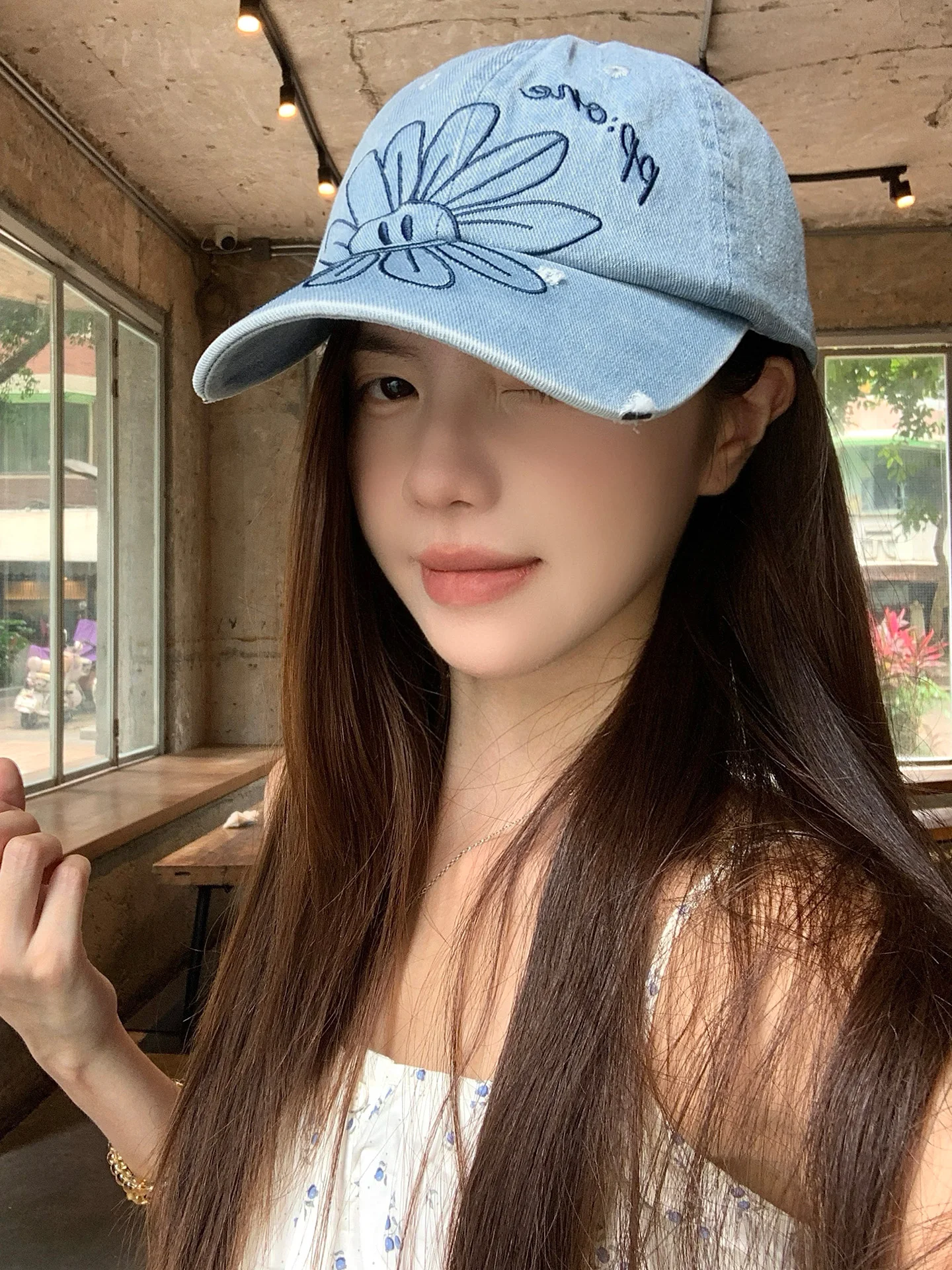 Washed Vintage  Daisy Embroidery Baseball Cap Women's Spring Summer New Large Circumference Face Slimming Hat