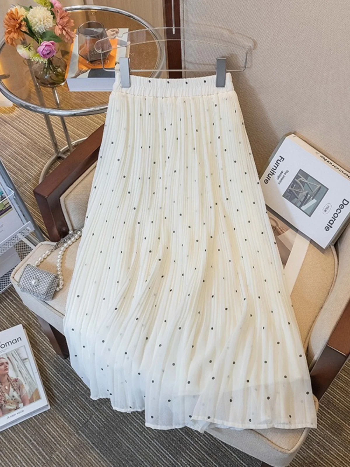 

plus Size Spring Fashion Polka Dot High Waist A-Line Pleated Skirt Slimming Midi Skirt for Women plus Size Half Body Skirt