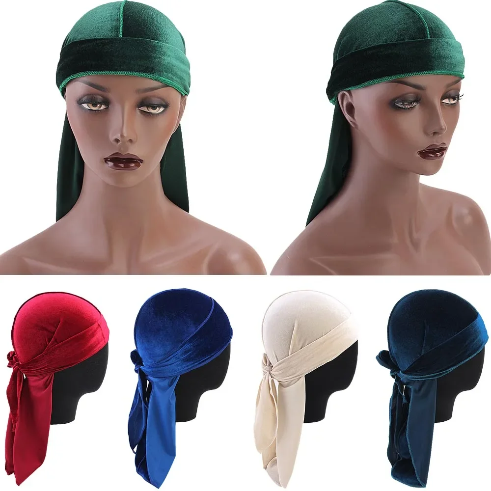 Unisex Velvet Durag Bandana Hat Long Tail Headwrap Women Men Doo Pirate Wave Cap Headwear Hair Loss Chemo Turban Solid Color New