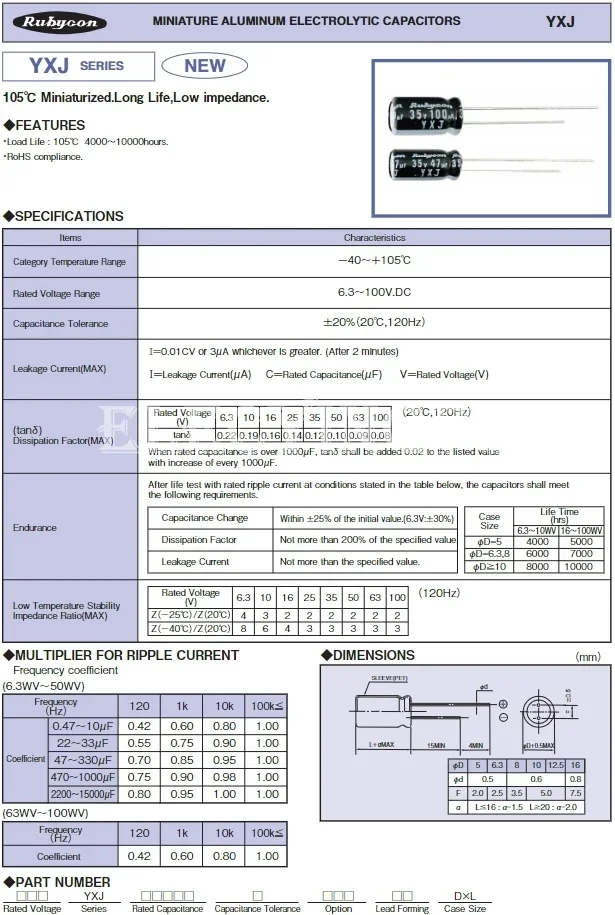 25YXJ100M 25V100UF YXJ 5X11 Condensatore elettrolitico in alluminio Rubycon originale 100uF 25V Lunga durata a bassa impedenza