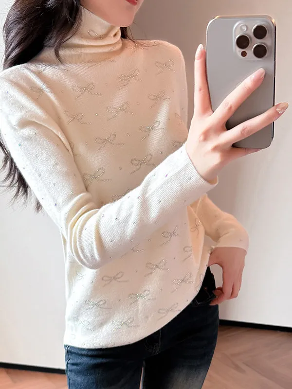 Fall Winter New Style Women's Knitted High Collar Long Sleeve  Knot Drill Bottom Shirt Elegant Fashionable Top
