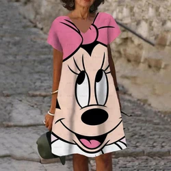 Disney Mickey Mouse Pure Black Print Sexy V-Neck Short Sleeve Dress 2024 Summer New Casual Versatile Sexy Long Dress Women