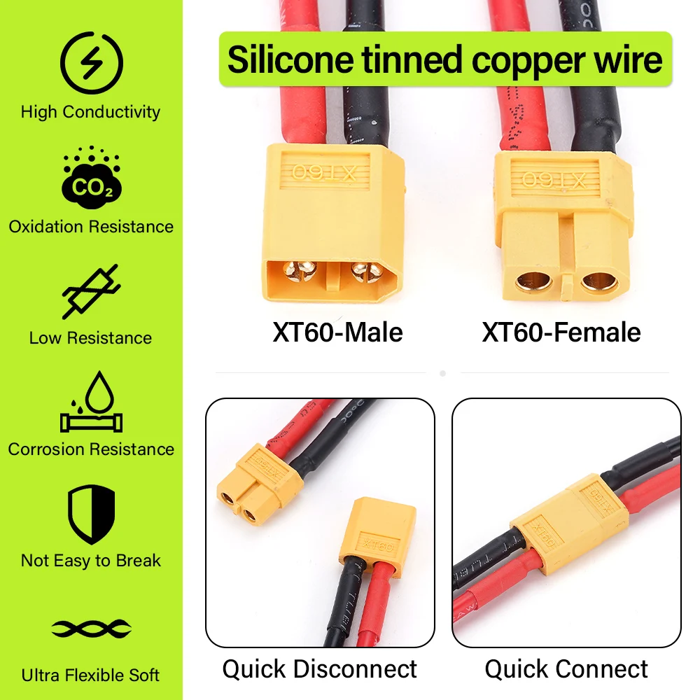 XT60 12AWG XT60 ذكر التوصيل إلى أنثى محول القابس موصل مع 600 سنتيمتر 12AWG سلك السيليكون لطائرة كوادكوبتر محرك البطارية