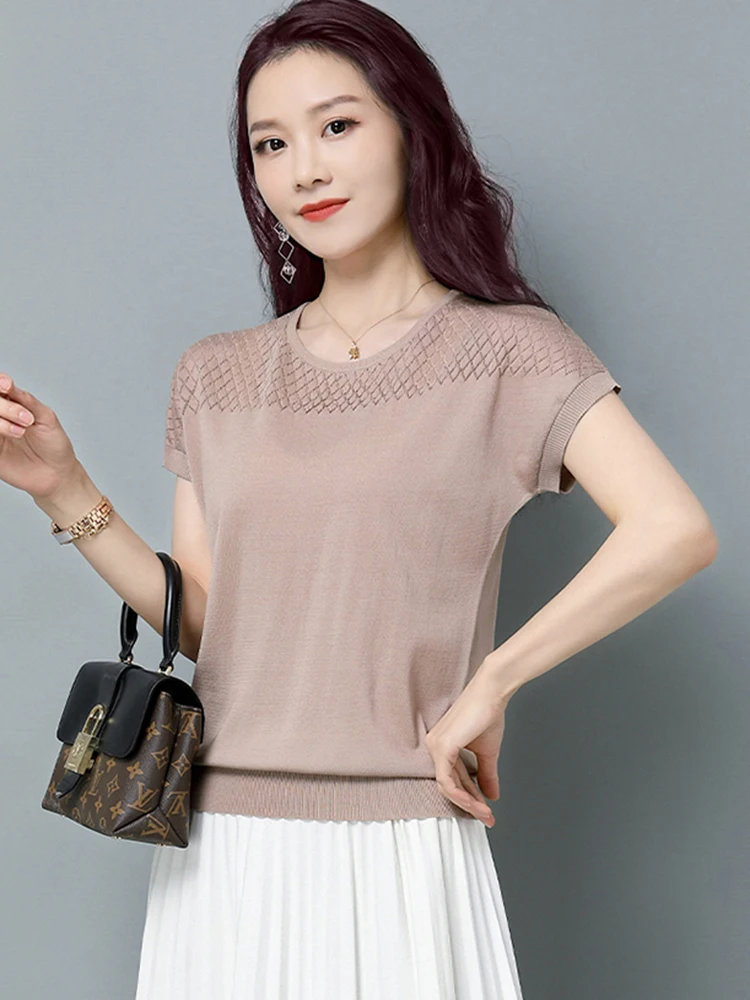 2024 Summer Ladies Knitted Top Short Sleeve Tshirt Hollow Out T Shirt Women Loose Elegant Tee Shirt Femme Casual Clothes T-shirt