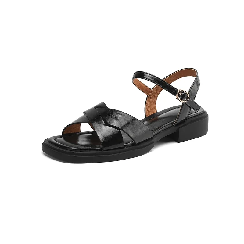 

New Women Trend Summer Platform Low-heel Sandals Split Leather Ladies Square Open Toe Ankle Strap Black Brown Buckle Sandals