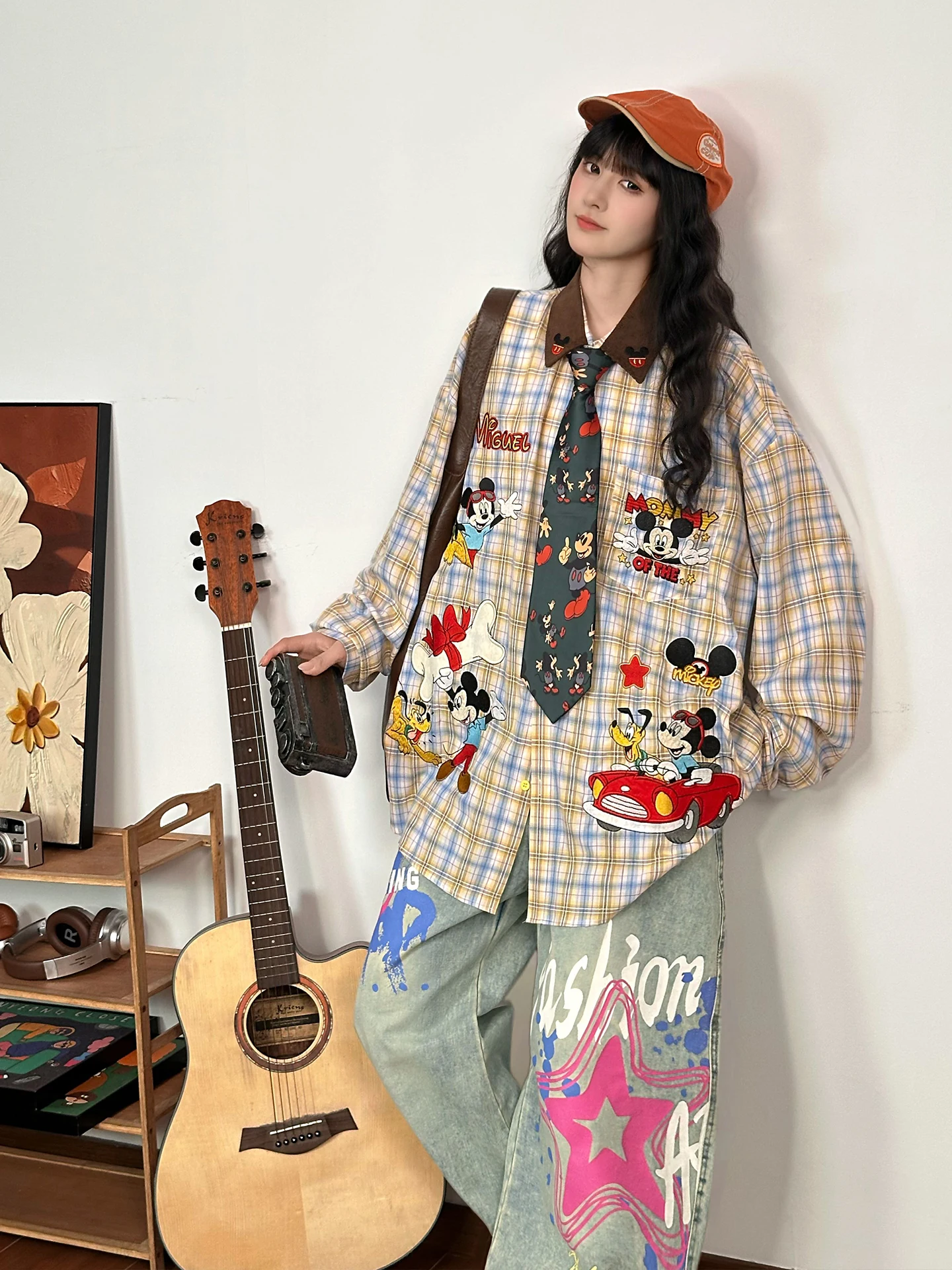 Retro Long Sleeve Casual Shirt with Cartoon Embroidery Loose Mid-Length Top Yellow Plaid Women Tops 2025 Autumn New