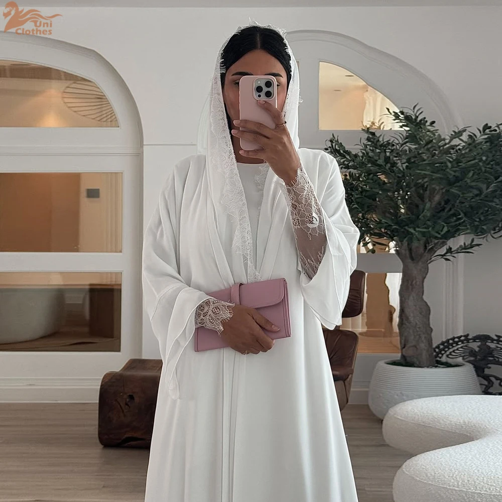 

Uni Fashion Dubai Guipure Lace Panel Maix Dress Hijab included Muslim Solid Open Abaya 2025