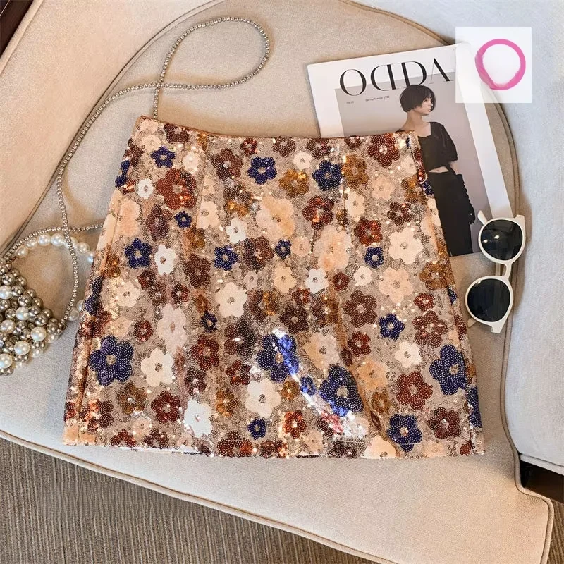French heavy industry silver sequined flower skirt female fashion Western-style high-end waist slim summer temperament skirt.