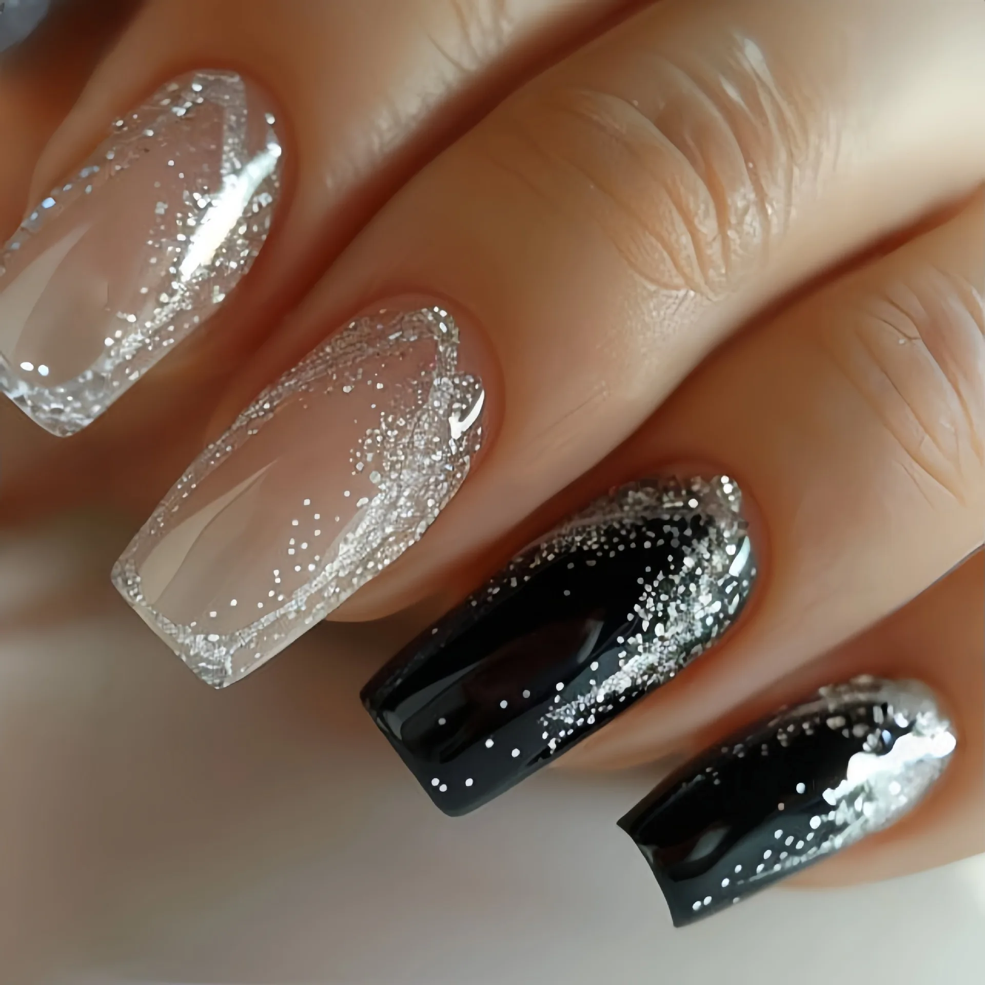 24 pçs preto doce legal unhas falsas imprensa em unhas glitter simples francês leopardo impressão design quadrado unhas falsas wearable manicure