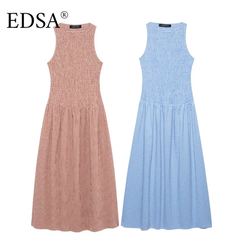 EDSA – robe mi-longue vichy pour femmes, col rond, sans manches, taille haute, smockée, extensible, longue, vacances d'été