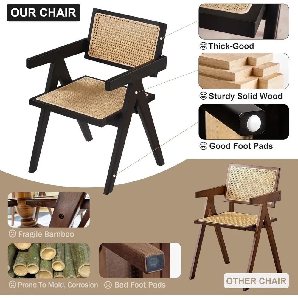 ブラックラタンダイニングチェア2脚セット、スタイリッシュな籐製キッチンチェア、ダイニングルーム用、モダンな家に最適