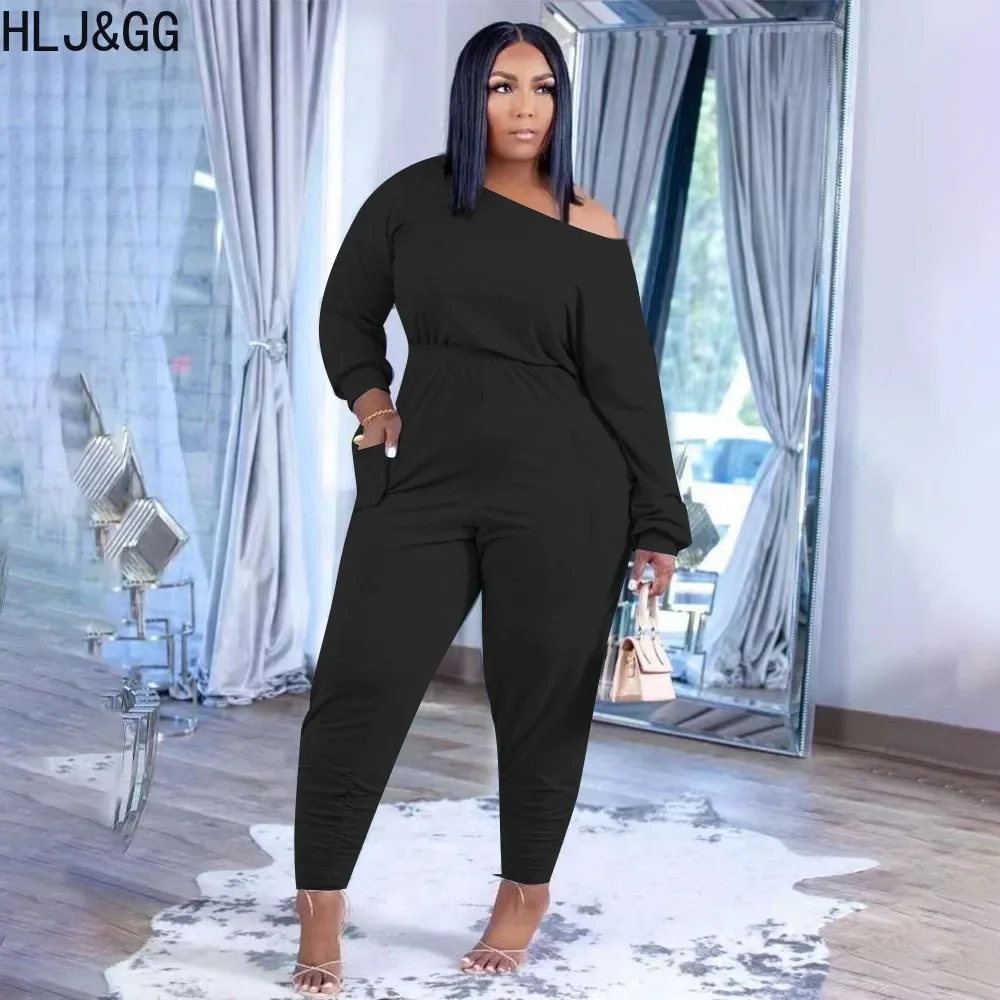HLJ&GG Autumn Casual One Shoulder Long Sleeve Top And Jogger Pants Two Piece Sets Women Solid Color Matching Sporty 2pcs Outfits