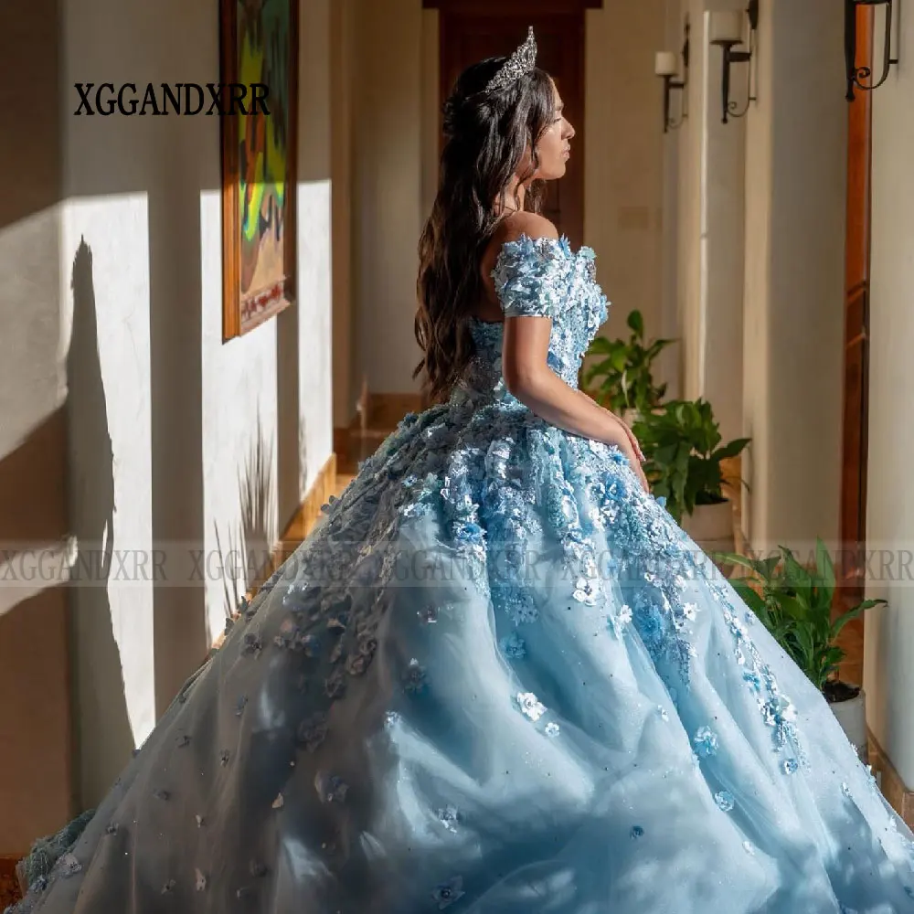 Robe de Rhprincesse bleue, robes Quinceanrea, appliques en dentelle, fleur XV, Cendrillon Sweet 16, 15, 2024