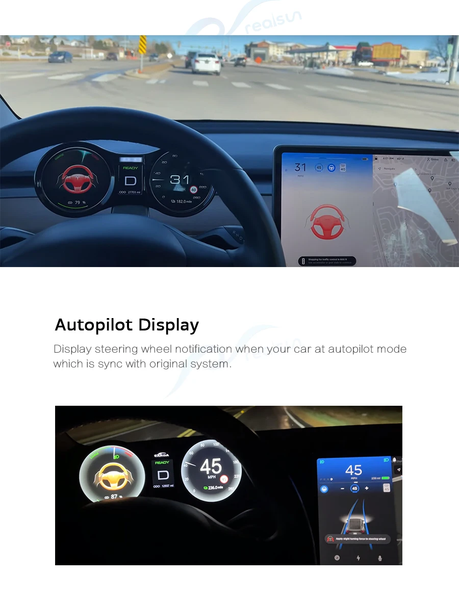 Realsun Head Up Display HUD Instrument Cluster With Speedometer Gear Display Driving Mode for Model 3 Model Y 2024