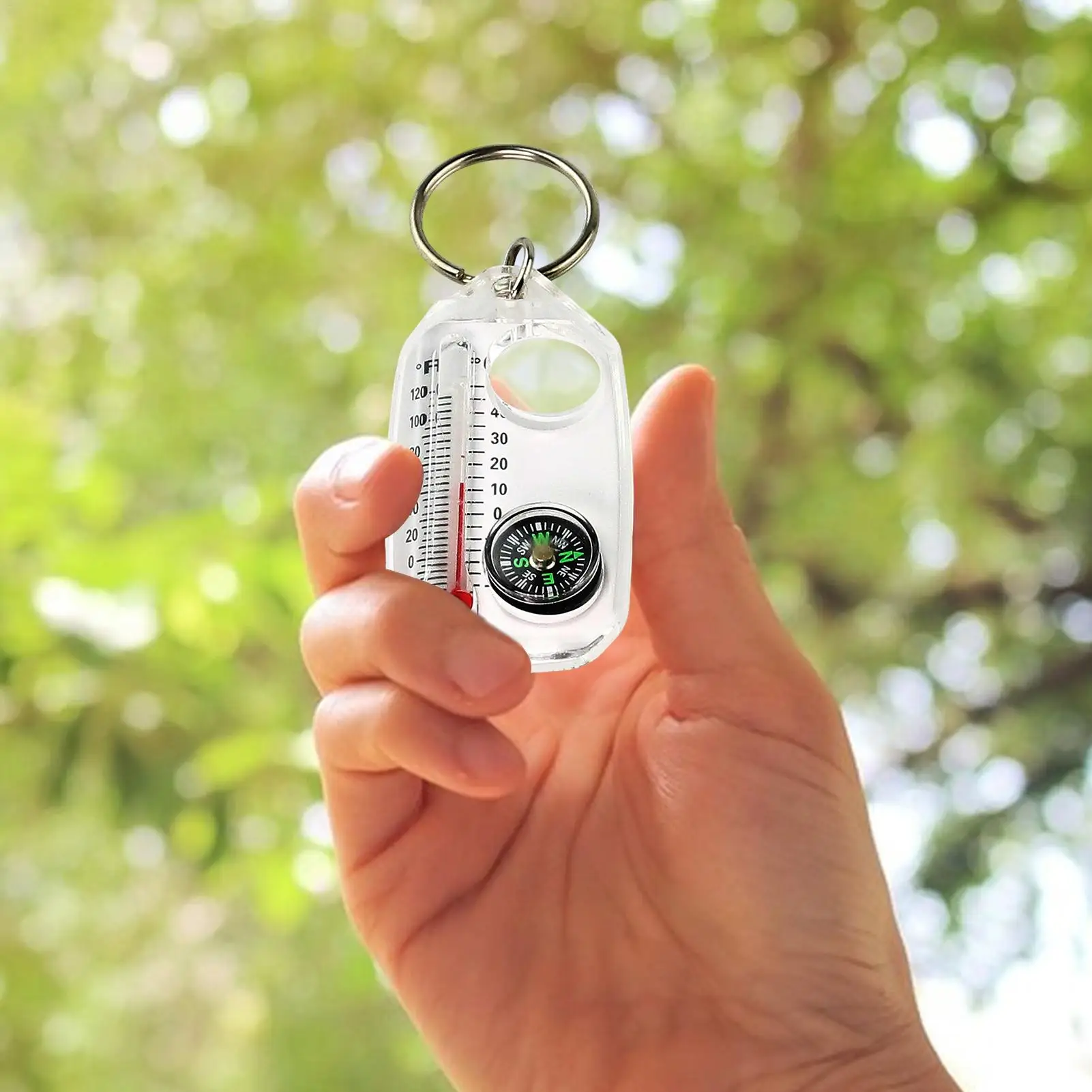 Small Keychain Compass Portable Mini Keychain Outdoor Thermometer Magnifying Glass Compass Guide Camping Survival Tools