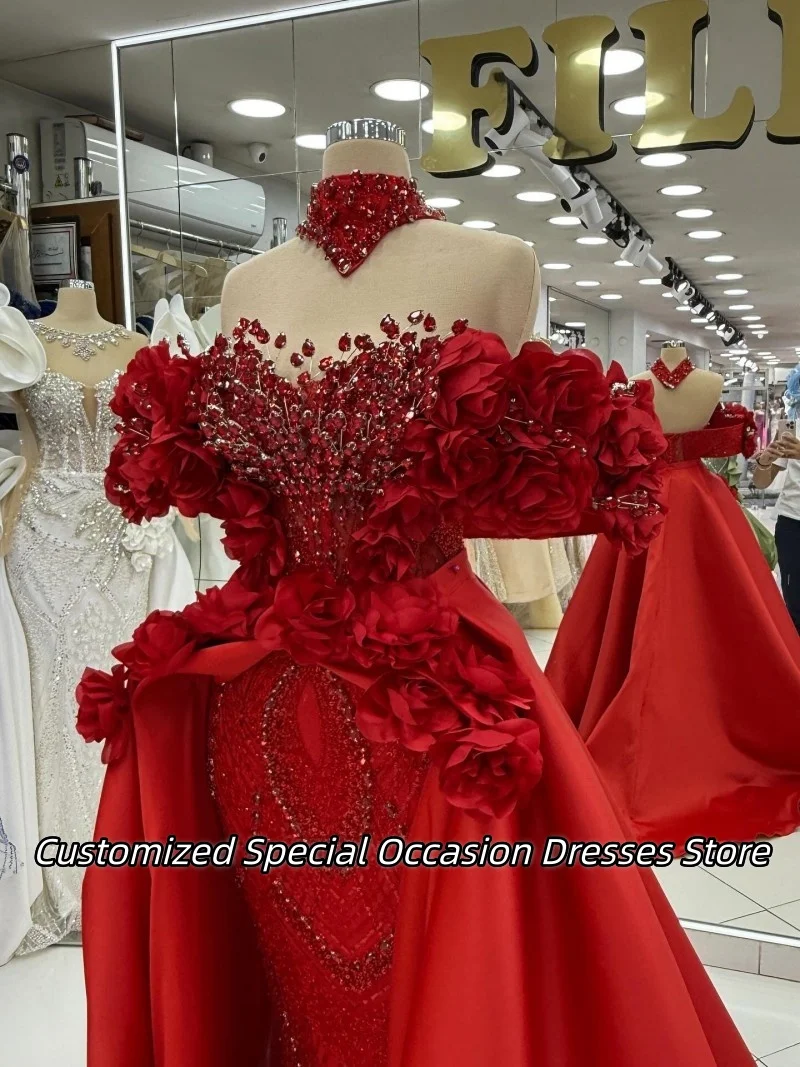 رشيقة النبيذ الأحمر قبالة الكتف فساتين السهرة مع زهرة يدوية الصنع كريستال طويل فستان حفلات الزفاف فساتين حفلات مخصصة