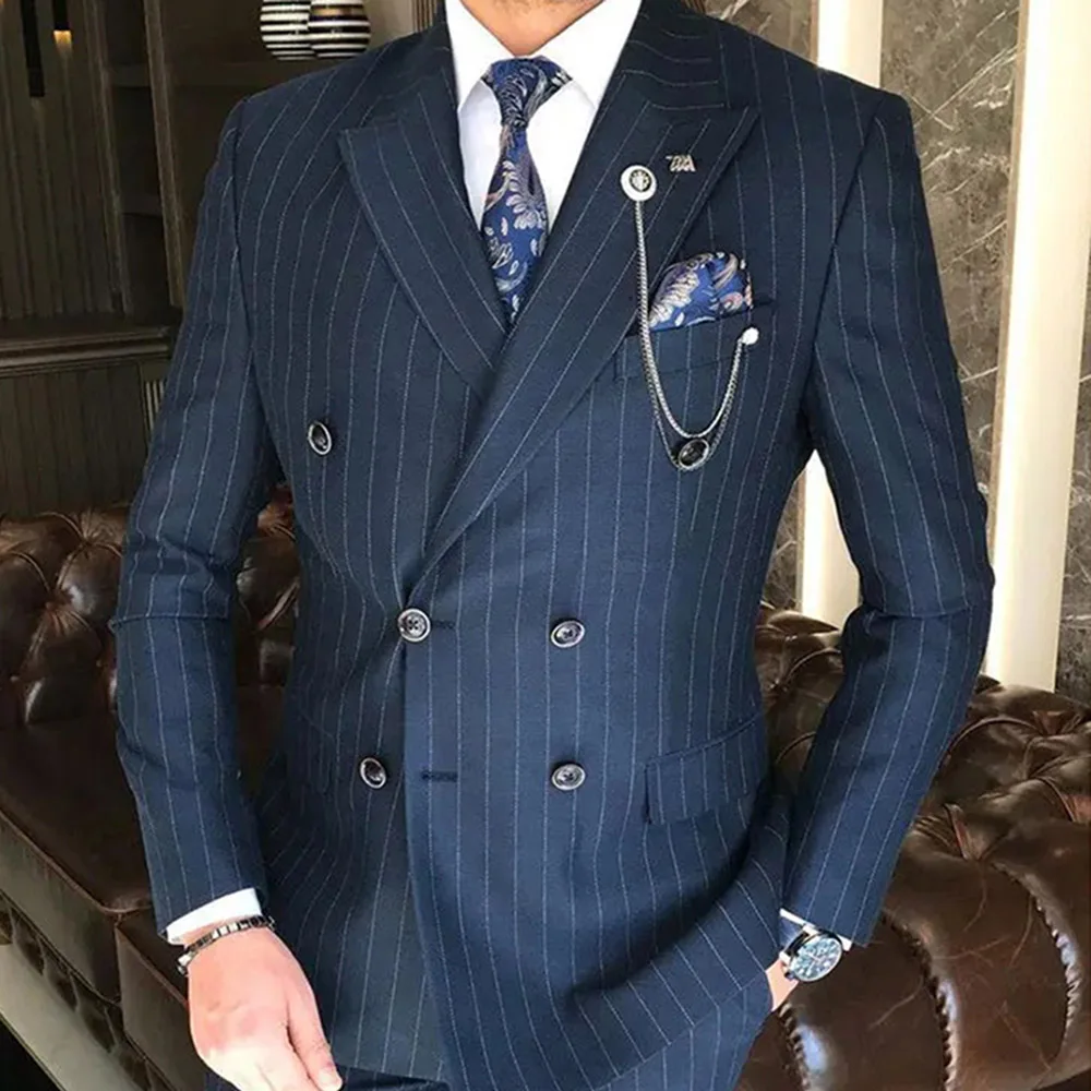 Handsome Navy Blue Striped Men\'s Suits Double Breasted 2 Piece Jacket Pants Costume Homme Formal Business Gentleman Blazer Set