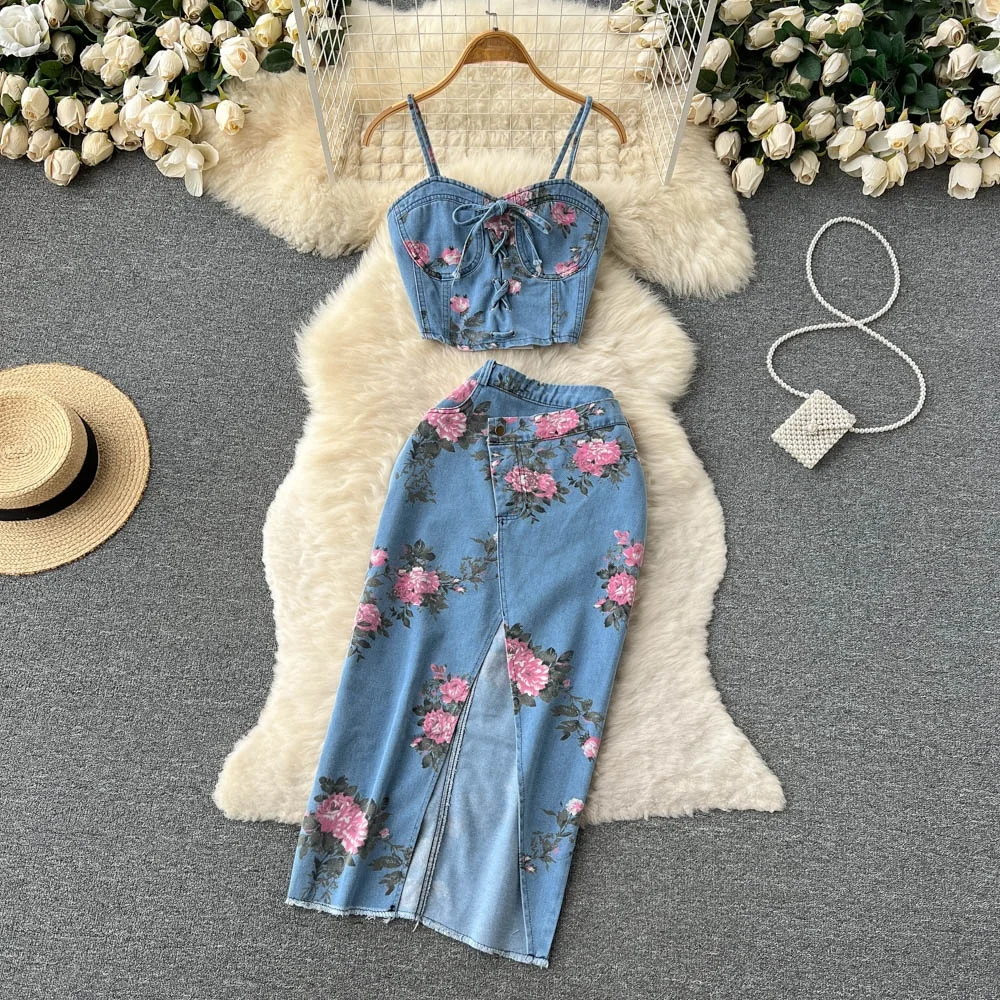Hong Kong Sle Retro Chic Oulder Bared Zweiteiliges Set für Frauen Hohe Taille Split Rock Oberbekleidung Crop Top Sommer Faion