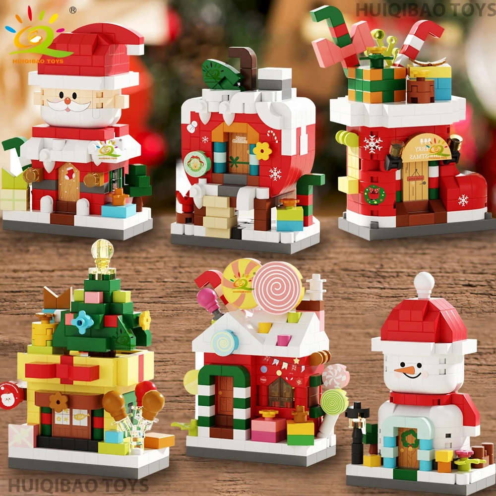 HUIQIBAO – maison à Dessert de noël, arbre, modèle père noël, bloc de construction, briques à monter soi-même, jouets pour enfants et adultes, ornement de bureau, cadeau