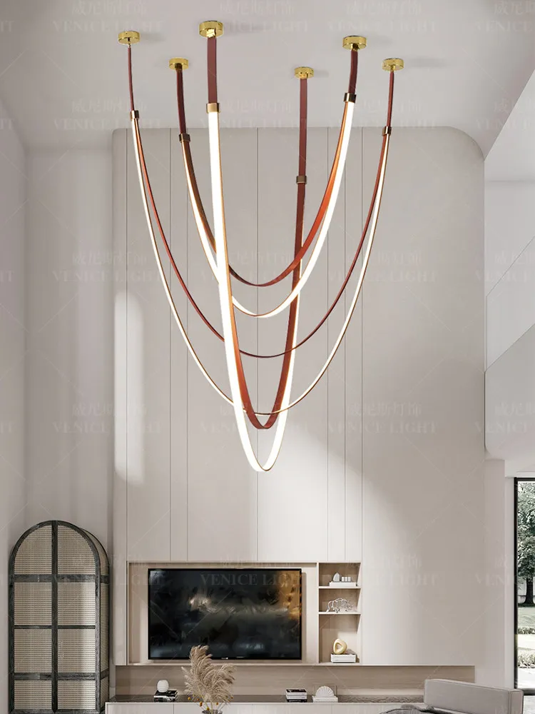 

Minimalist belt chandelier villa empty living room duplex staircase hollow apartment dining room light