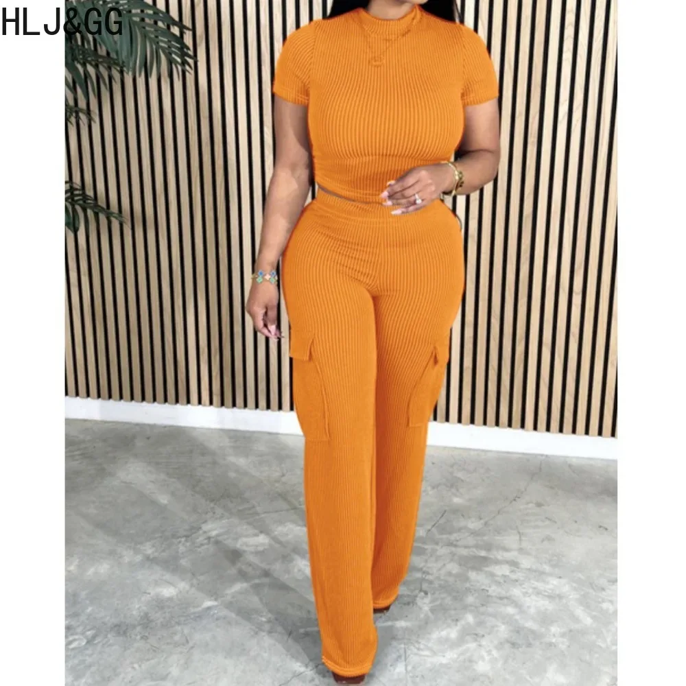 HLJ&GG Casual Solid Pocket Cargo Pants Two Piece Sets Women Round Neck Short Sleeve Crop Top And Pants Tracksuits Female Outfits