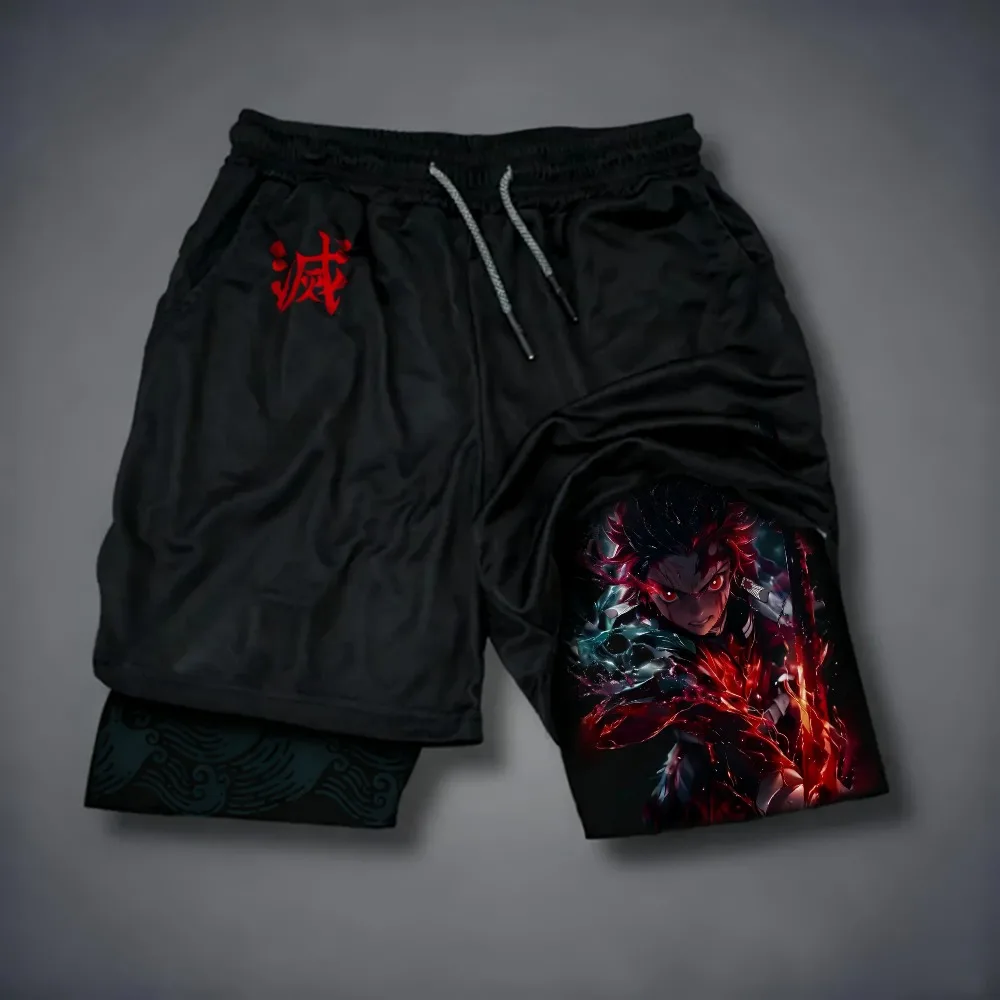 Demon Slayer Kamado Tanjiro Harajuku Anime Printed 2026 Summer Unisex Loose Sports Breathable Speed Drying Double Layer Shorts