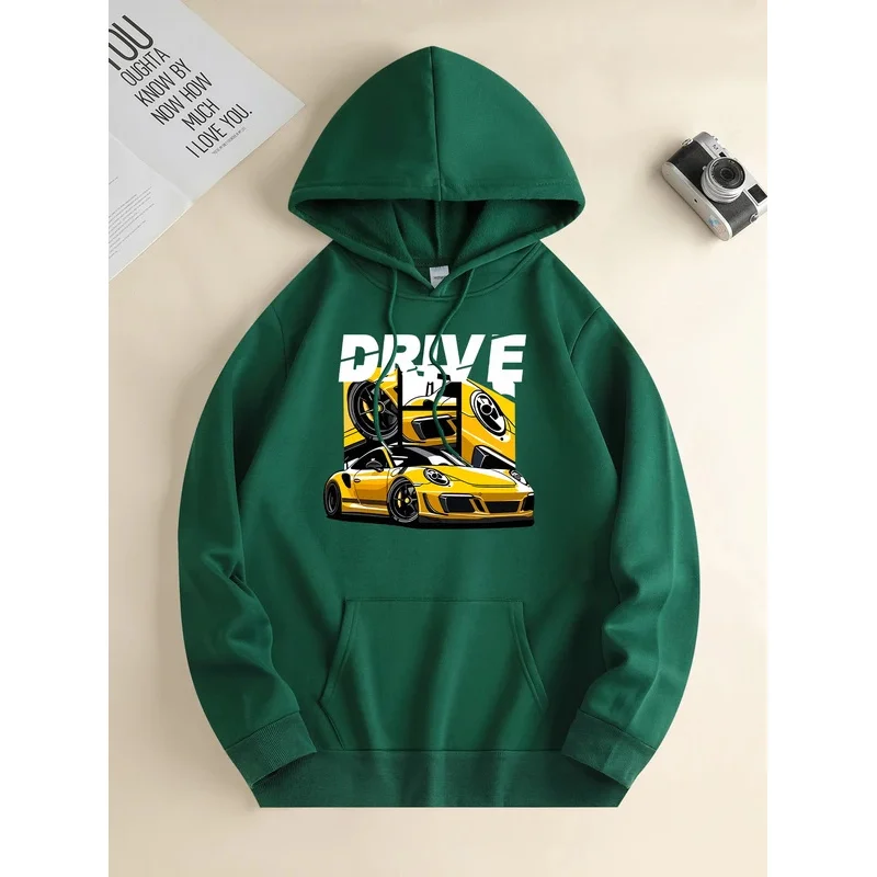 

Men's new fashion hoodies, casual everyday drawstring hooded sweatshirts, car prints, front kangaroo pockets, men's blouses