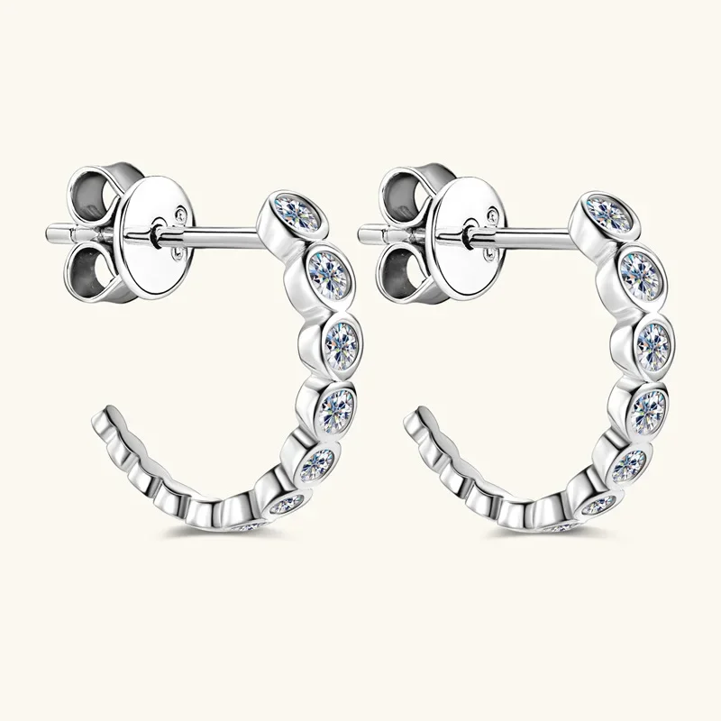 EWYA C Shape 0.38cttw Full Moissanite Stud Earrings for Women Ear Fine Jewelry S925 Silver Plated 18K All Diamond Bezel Earring