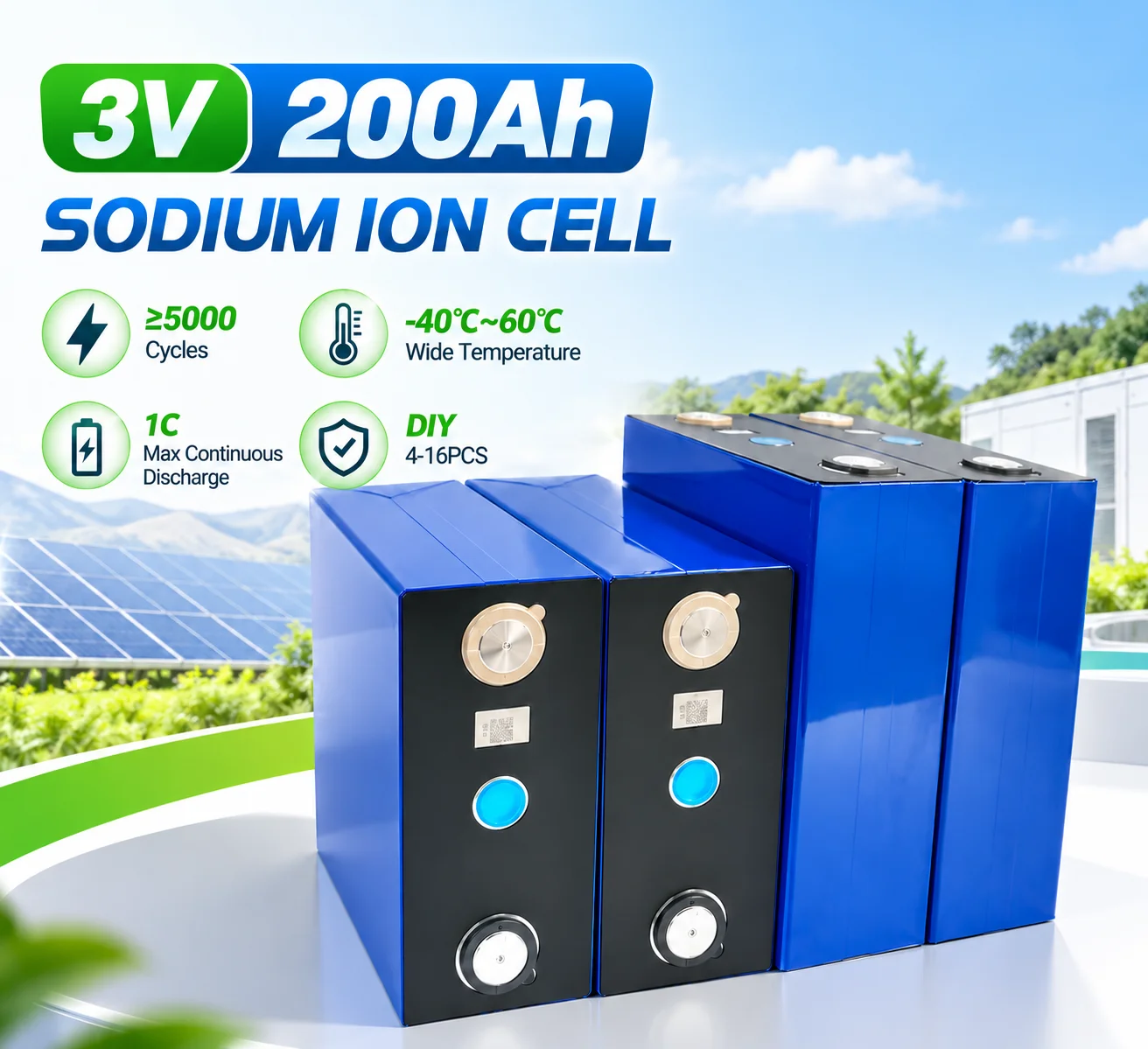 HAKADI 3V 200Ah Sodium-Ion Prismatic Cells 4-16PCS High Energy Rechargeable Battery for 12V 24V 48V DIY Solar Storage