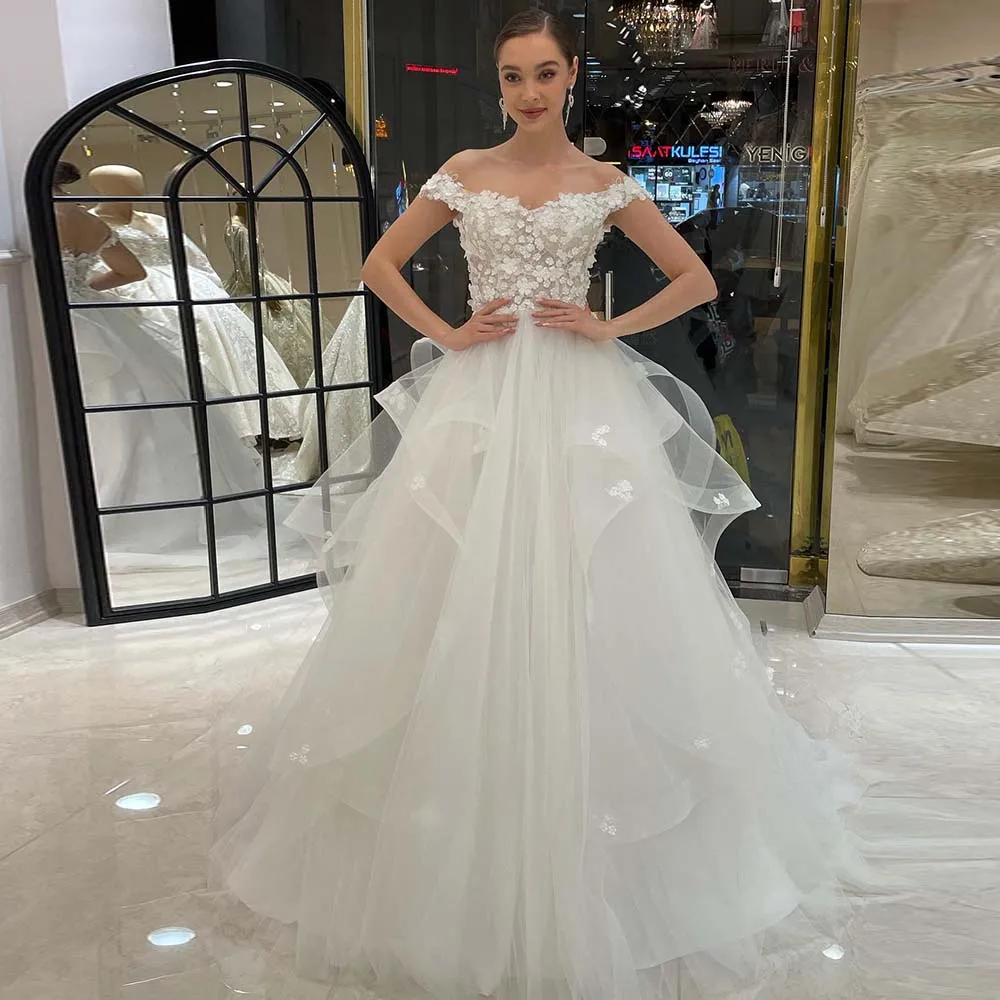 

Princess Wedding Dresses 2022 Women Applique Off-The-Shoulder A-Line Long Bride Dress Sweep Train Puffy Elegant Party Gowns