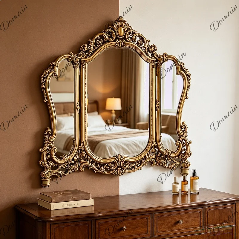 French Vintage Vanity Mirror, 3-Fold Bathroom Mirror, European Desktop Folding Mirror, Decorative Tri-Fold Mirror
