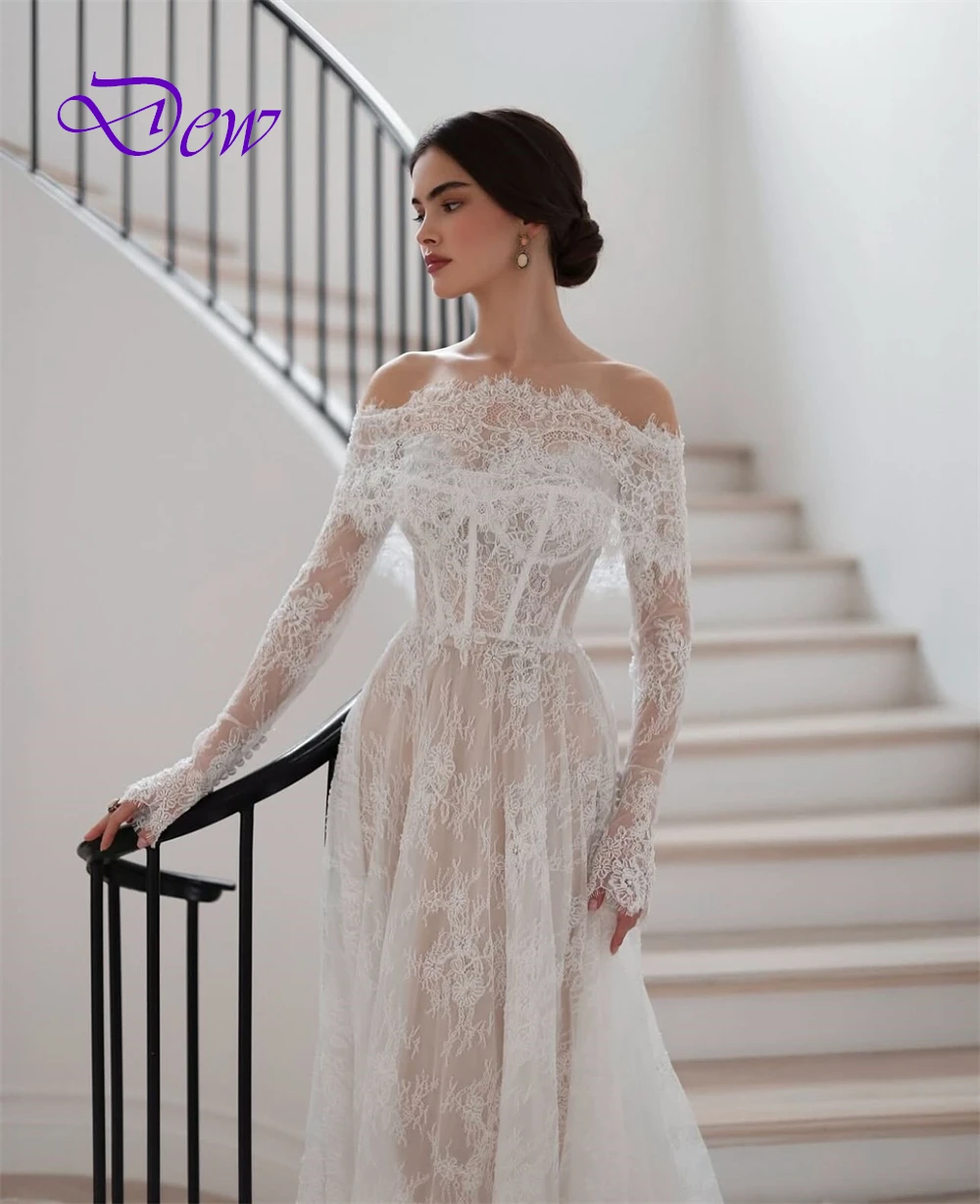 Vestidos De Novia De encaje blanco elegantes personalizados, Vestido De Novia bohemio sin tirantes De manga larga, Vestido De Novia De ensueño con corte en A