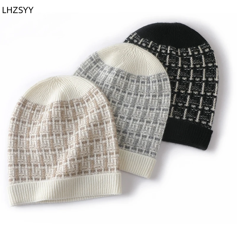 

LHZSYY Pure Cashmere Hats Unisex Joker Fashion Spun Gold Thick Hats 2023 Autumn Winter New Baotou Warm Knit Ear Protection Hats