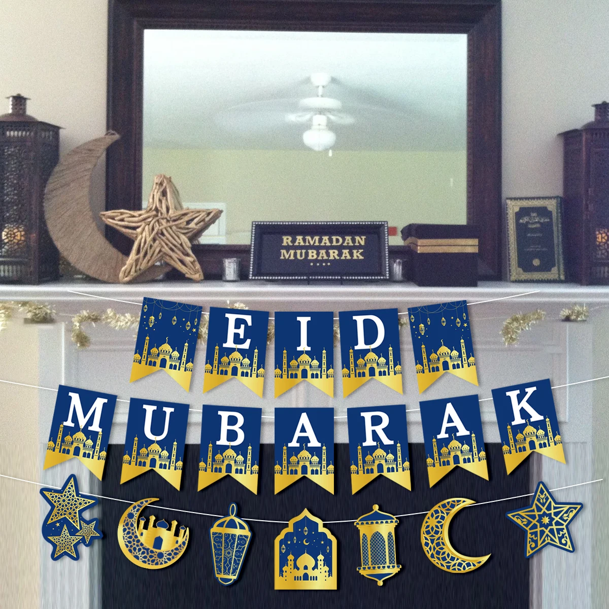 EID Mubarak ตกแต่งกระดาษแบนเนอร์ Ramadan Decor 2025 สําหรับ Home แบนเนอร์ Ramadan Kareem อิสลามมุสลิม Eid Al Adha ของขวัญ