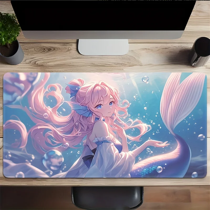 Pink Mermaid Anime Extended Mouse Pad Large Stitched Edges Gaming Desk Mat Non-Slip Rubber for PC Laptop Office