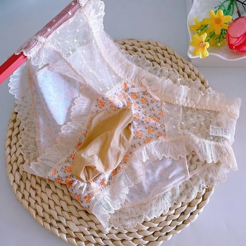 

Трусики с милым бантом и рюшами Sissy, эротические трусики для ночного клуба, DJ Club BF, частная вечеринка, мужские сексуальные прозрачные кружевные трусы из ледяного шелка с цветочным принтом