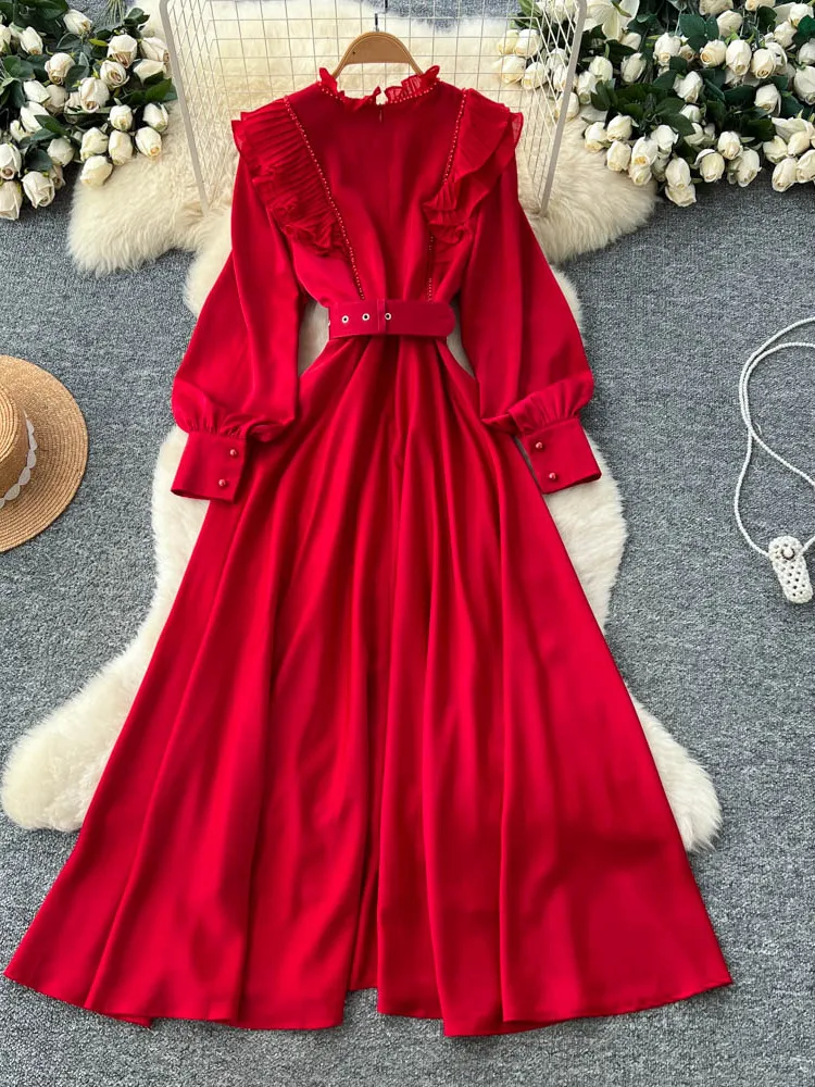 Ele Falda larga de lujo con cinturón de retazos de madera con adornos pesados para mujer, falda francesa Sle de cintura alta de fibra de poliéster