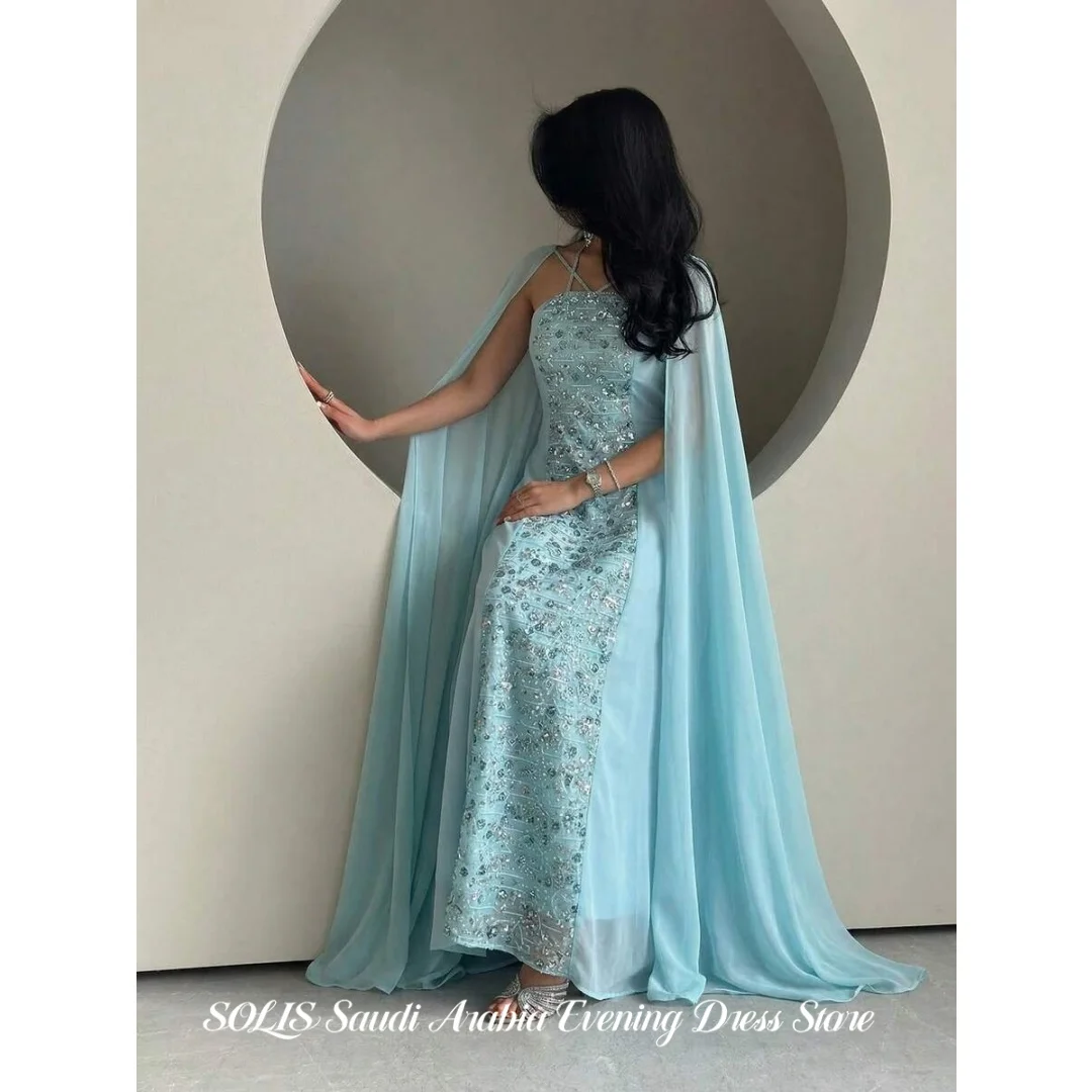 

SOLIS Elegant Sky Blue Chiffon Prom Dress Luxury Halter Neck Beaded Sequin Cape Formal Evening Gown فساتين الحفلات Customized