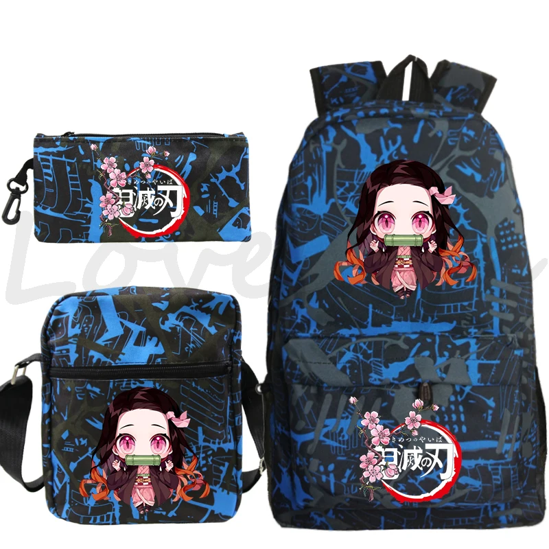 Anime Demon Slayer Backpack Kamado Nezuko Cosplay School Backpack 3pcs Set Women Travel Laptop Bag Student BookBag Kids Knapsack