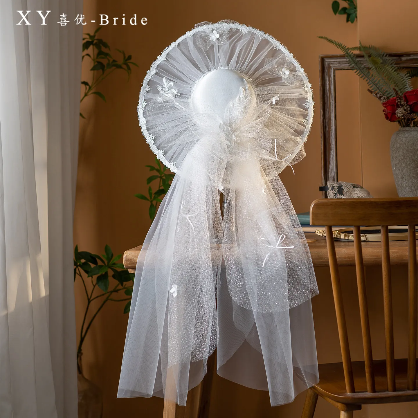 Brand New White Wedding Hat for Women Wide Mesh Flower Fascinator Hat with Long Veil Church Party Bride Fedora Hat Headpieces