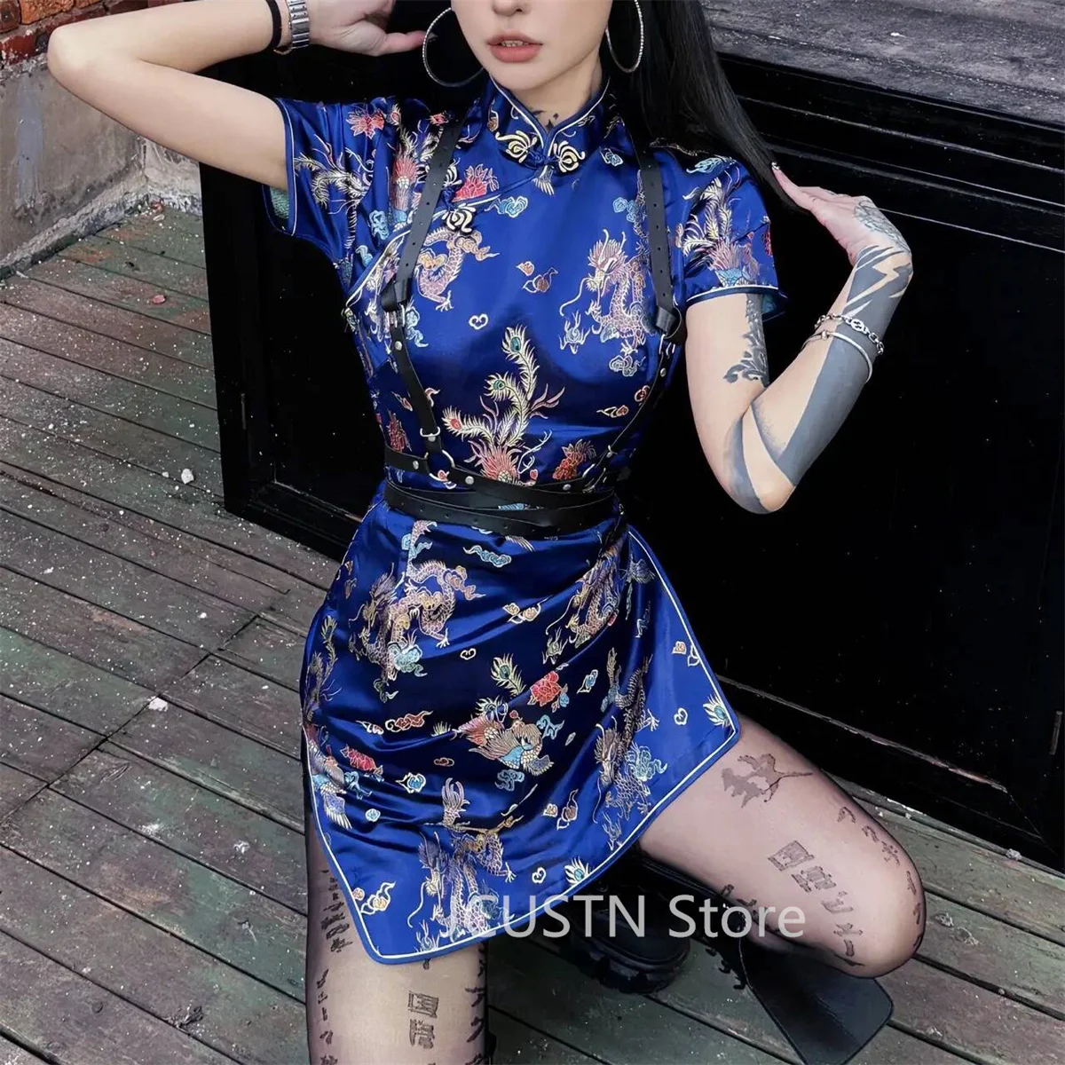 Gothic Dark Cheongsams Blue Dragon Phoenix Qipao Sexy Mimi Short Qipao Women Satin Streetwear Chinese Style Dresses Plus Size