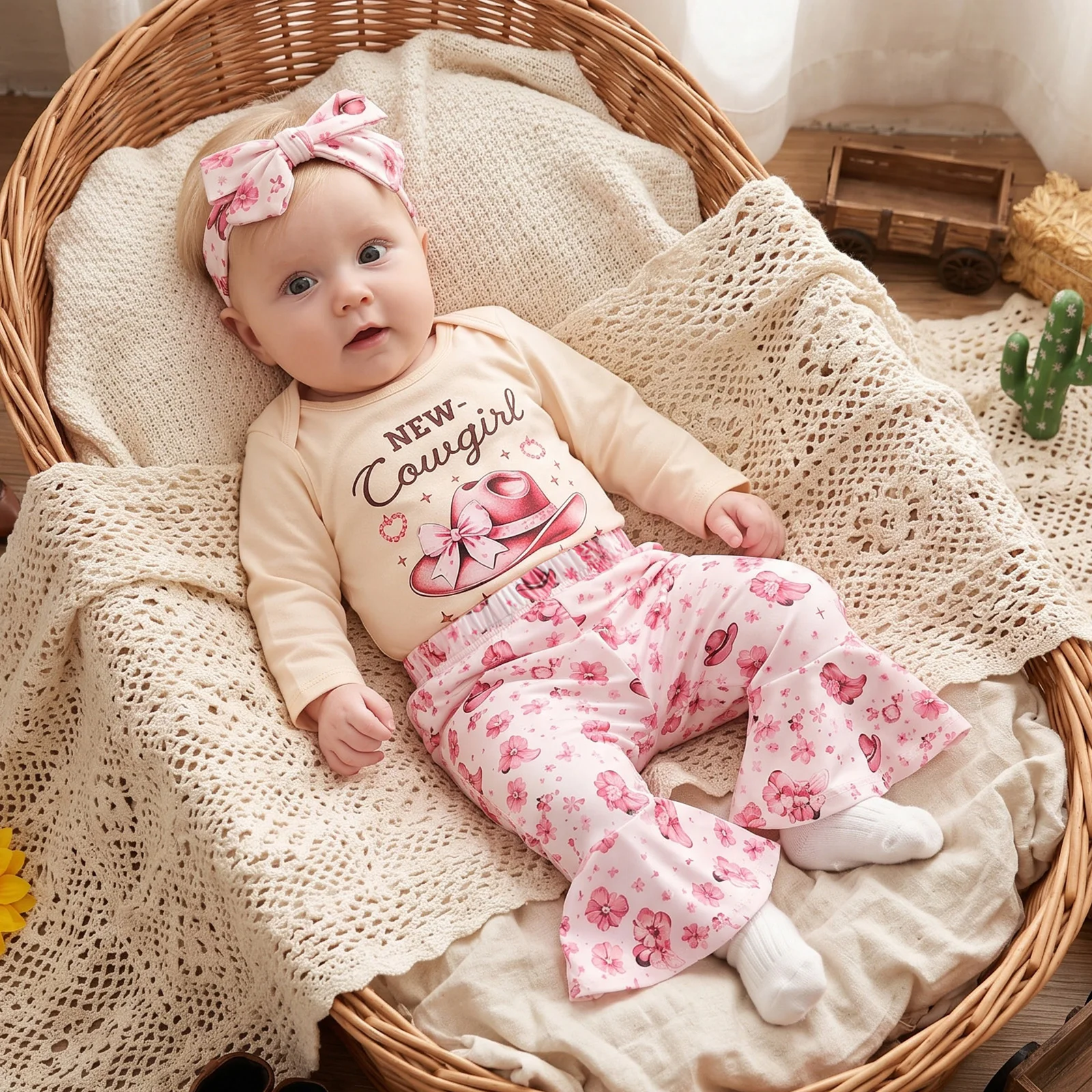 Baby Girl Western Outfits Long Sleeve Romper Print Flare Pants Bow Headband