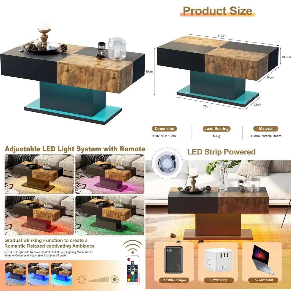 

Modern Rectangular LED Coffee Table with 16 Color Options for Living Room