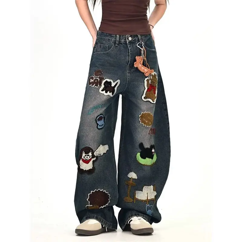 

Широкие джинсы с вышивкой в американском стиле из мультфильма, мужские зимние модные дизайнерские брюки свободного покроя длиной до пола, повседневные хлопковые брюки в пол...