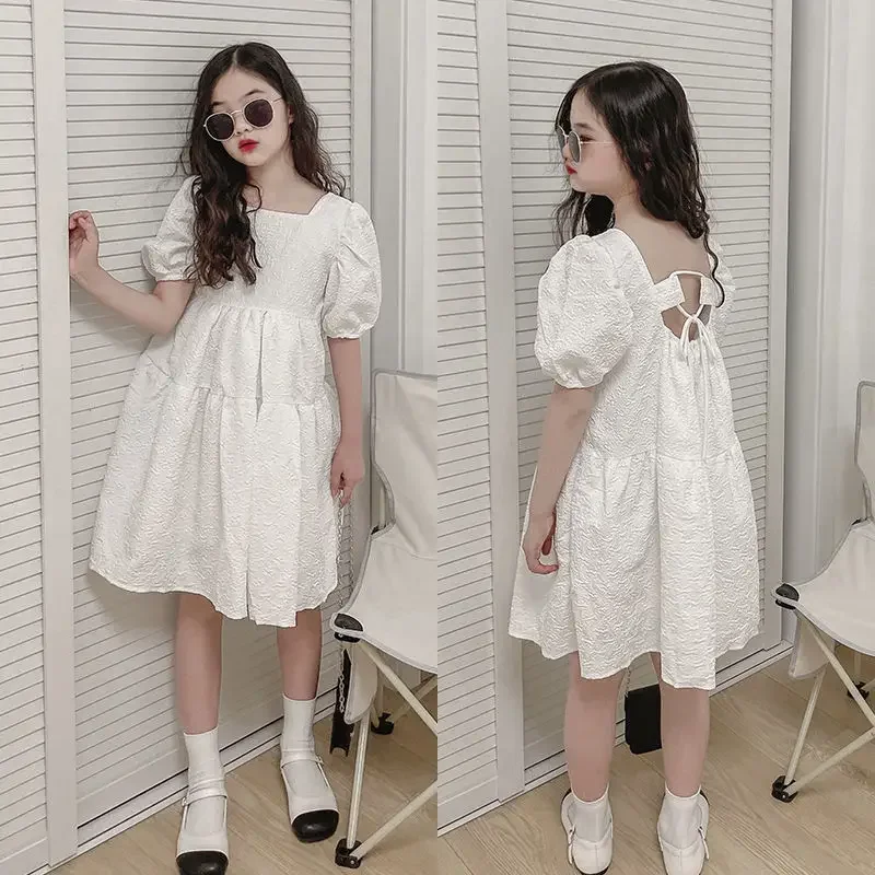 2024 summer princess white dress boat neckline short sleeve backless loose kids children toddler teen 5 6 8 9 10 11 12 years